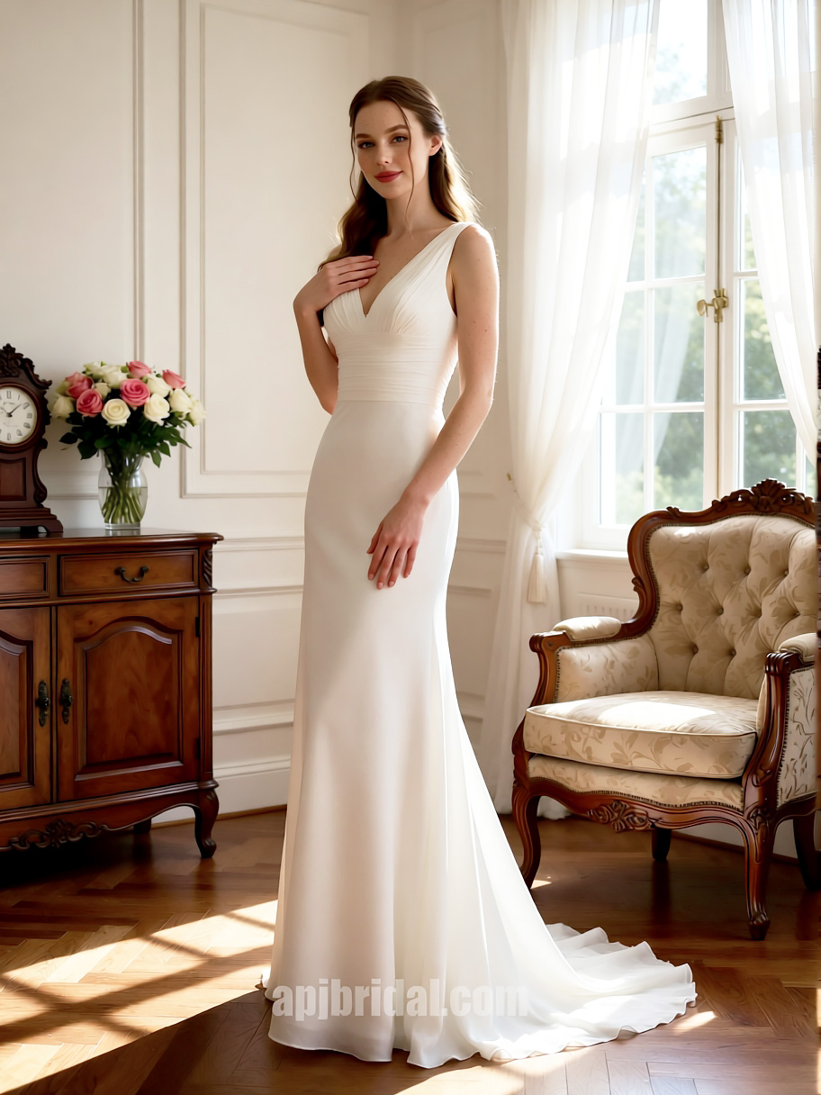 APJbridal Simple V-Neck A-Line Chiffon Wedding Dress with Sweep Train